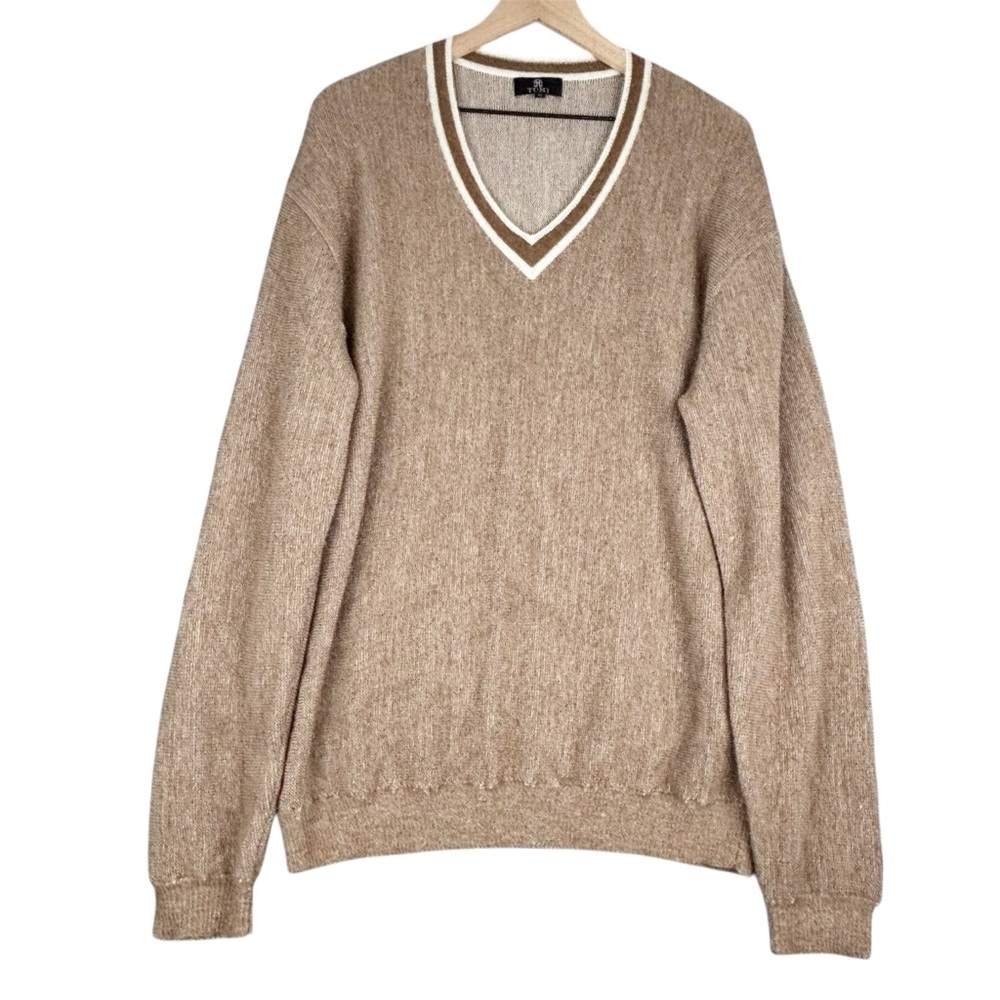 TUMI Sweater Mens XL Brown V-Neck‎ 100% Alpaca Pullover Preppy